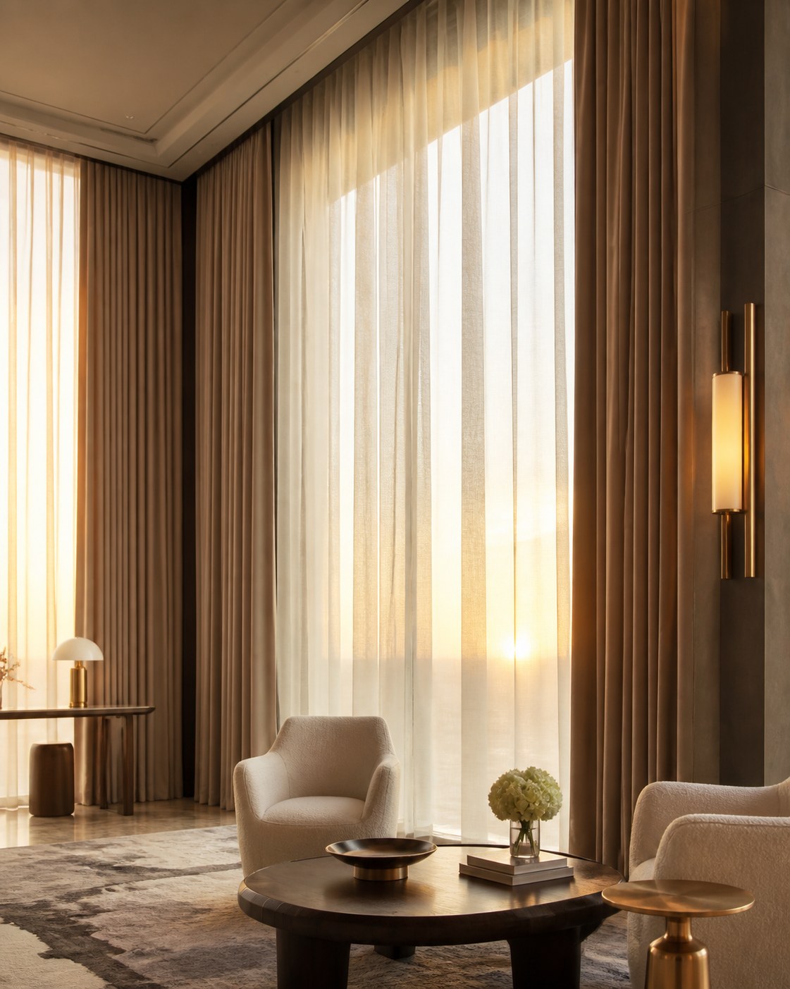 Full height layered curtains with soft pleats in a premium villa interior