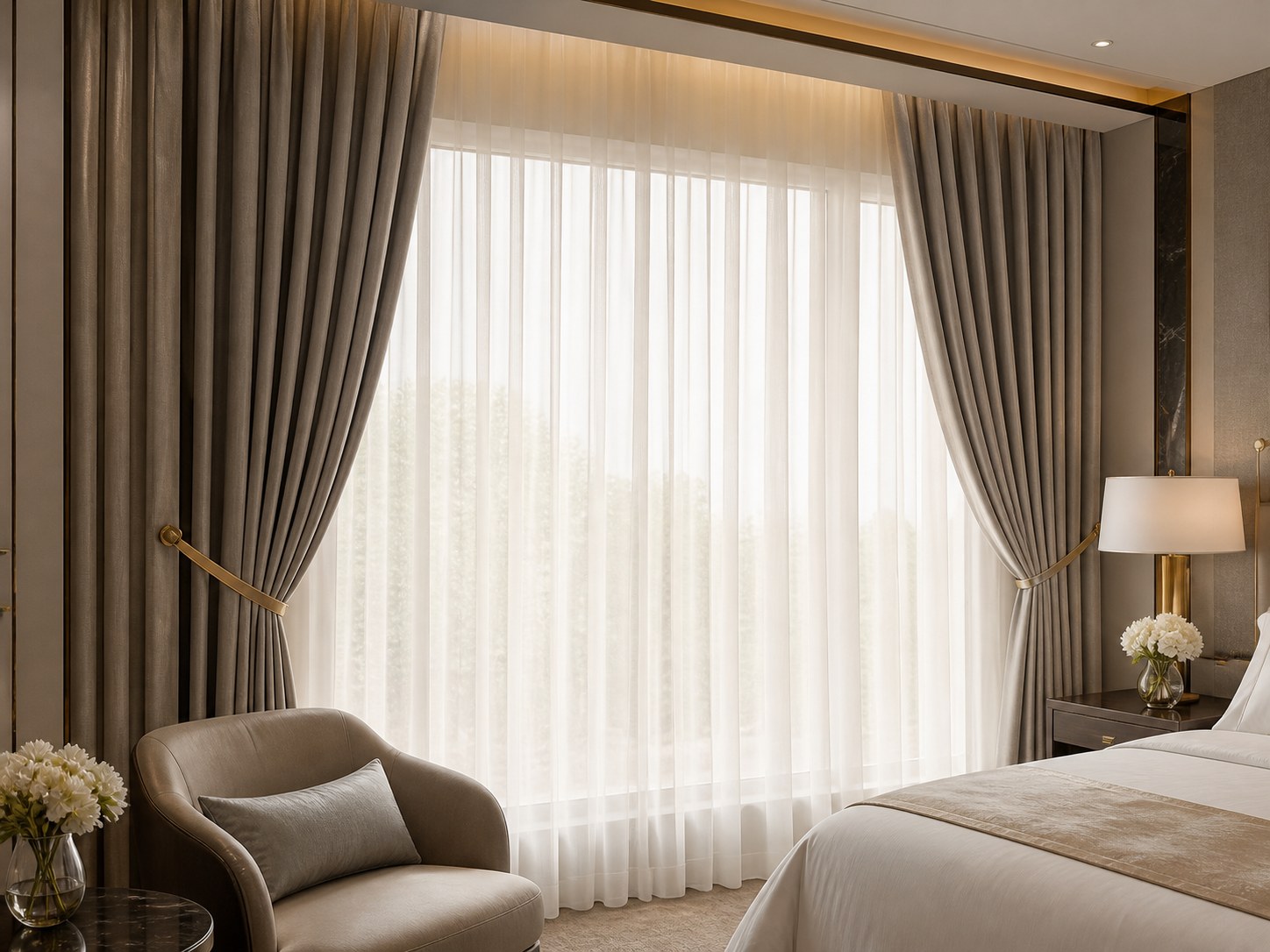 Modern interior curtains with warm neutral fabric