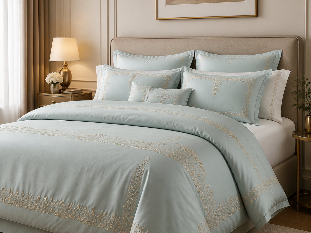 Light blue embroidery bedding set with layered pillows