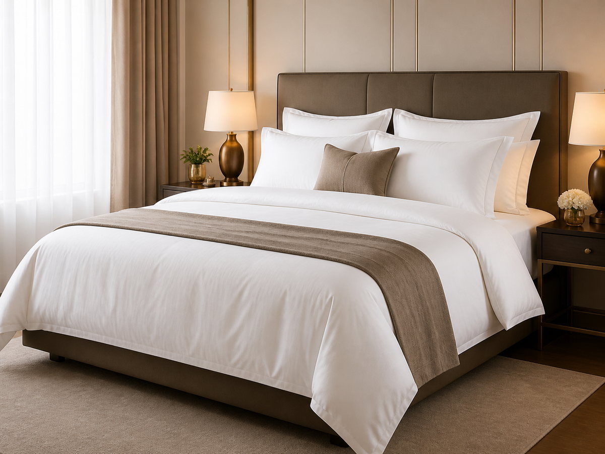 Clean hotel bed with coordinated white linen