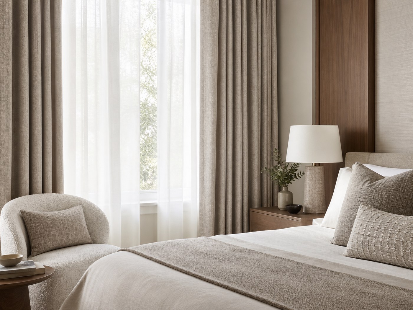 Coordinated curtains, cushion fabrics and soft furnishing textiles in a premium room