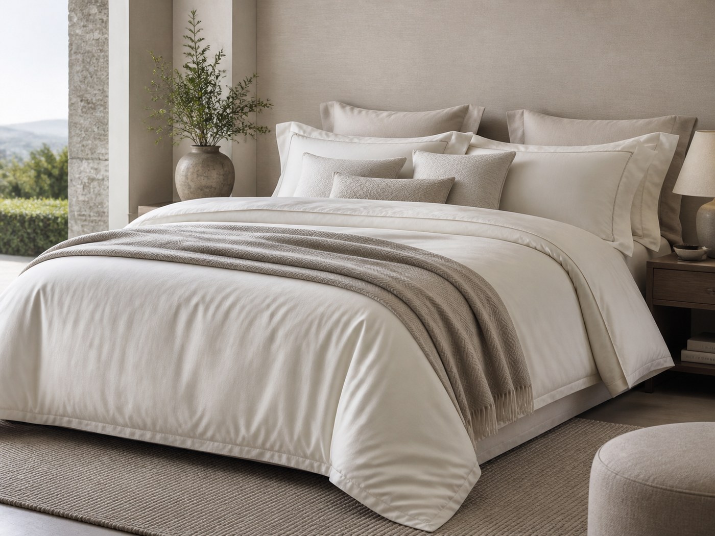 Layered ivory custom bedding set in a premium bedroom project