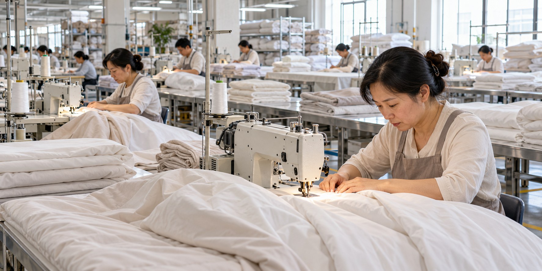 Chinese home textile workers sewing premium bedding during bulk production