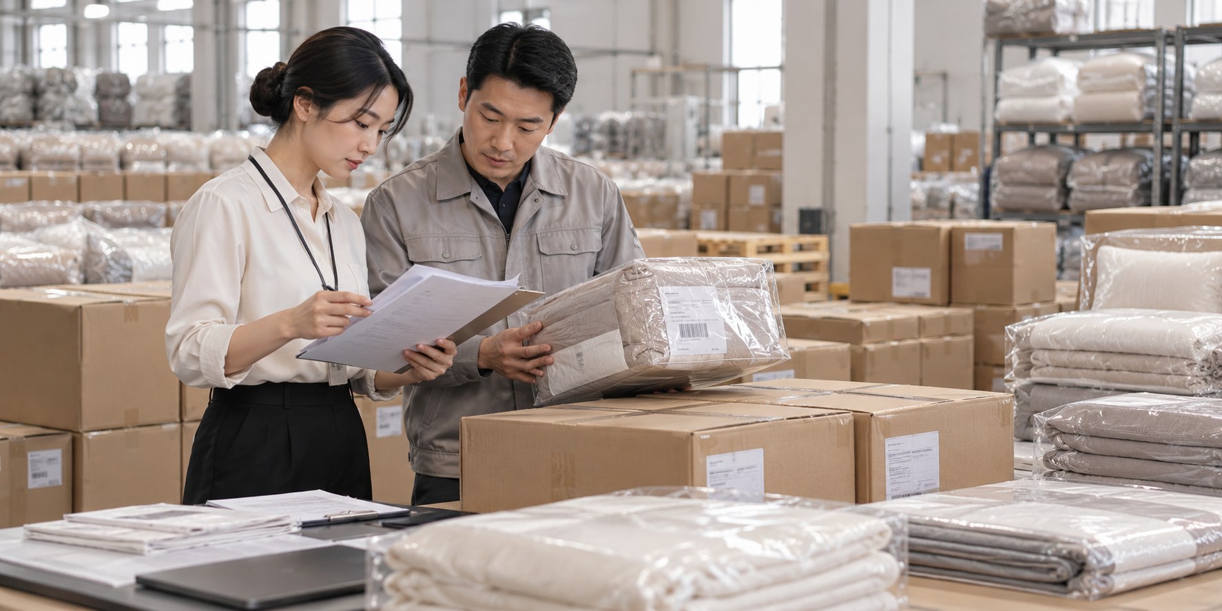 Chinese export coordinator and quality manager verifying packed home textile orders