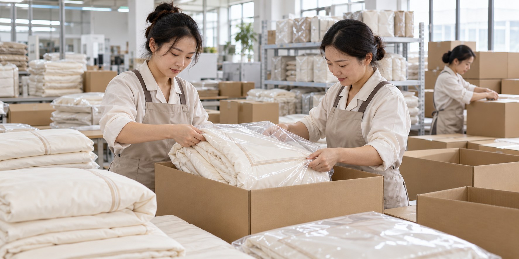 Chinese home textile workers folding and packing premium bedding for shipment