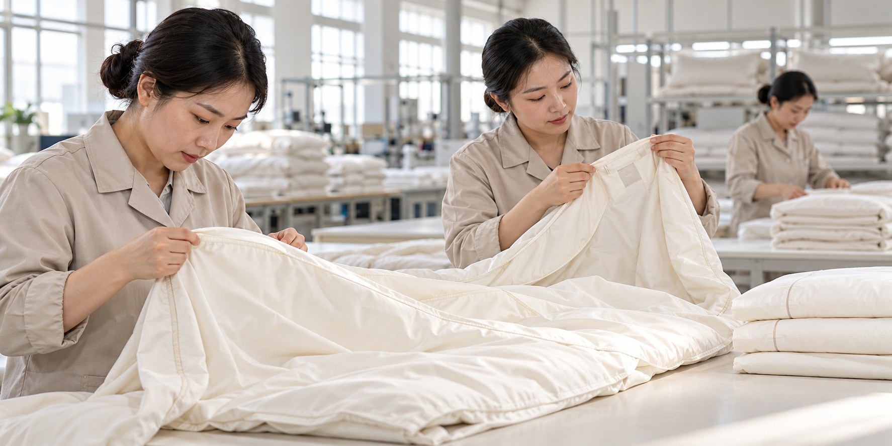 Chinese quality inspectors checking seams and finishing on premium bedding