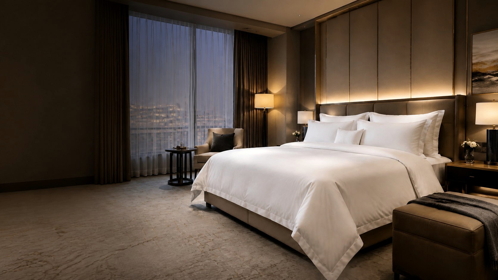Premium white hotel linen in a refined modern hotel suite